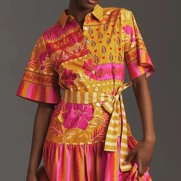 Farm Rio Button Front Tie Waist Midi Shirt Dress Anthropologie Pink Size XS NWT - Picture 3 of 7